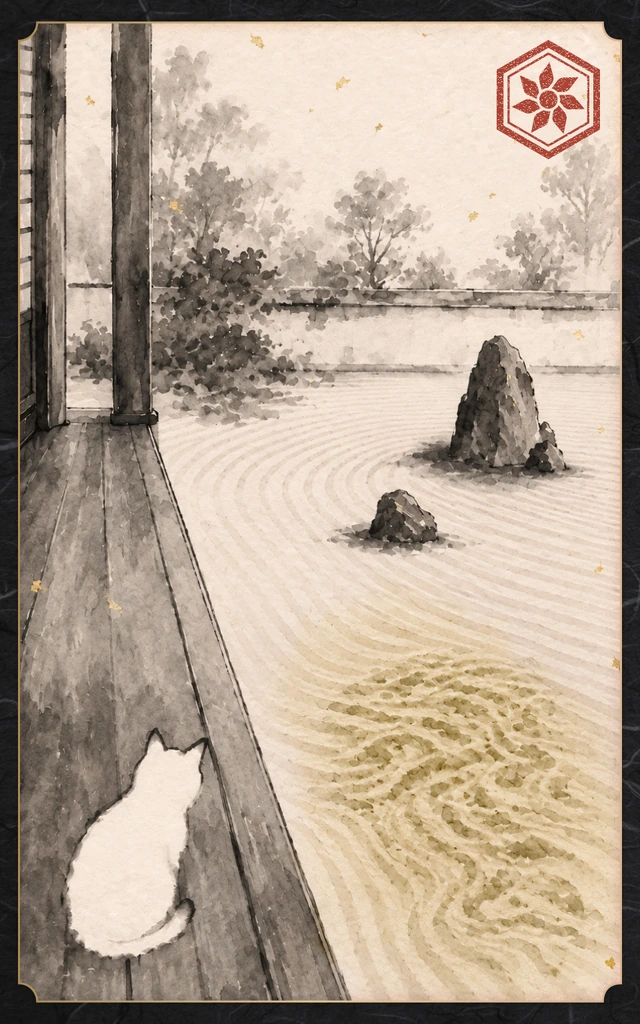 枯山水の庭と白い猫を描いた、星詠ノ札「整」の実物見本